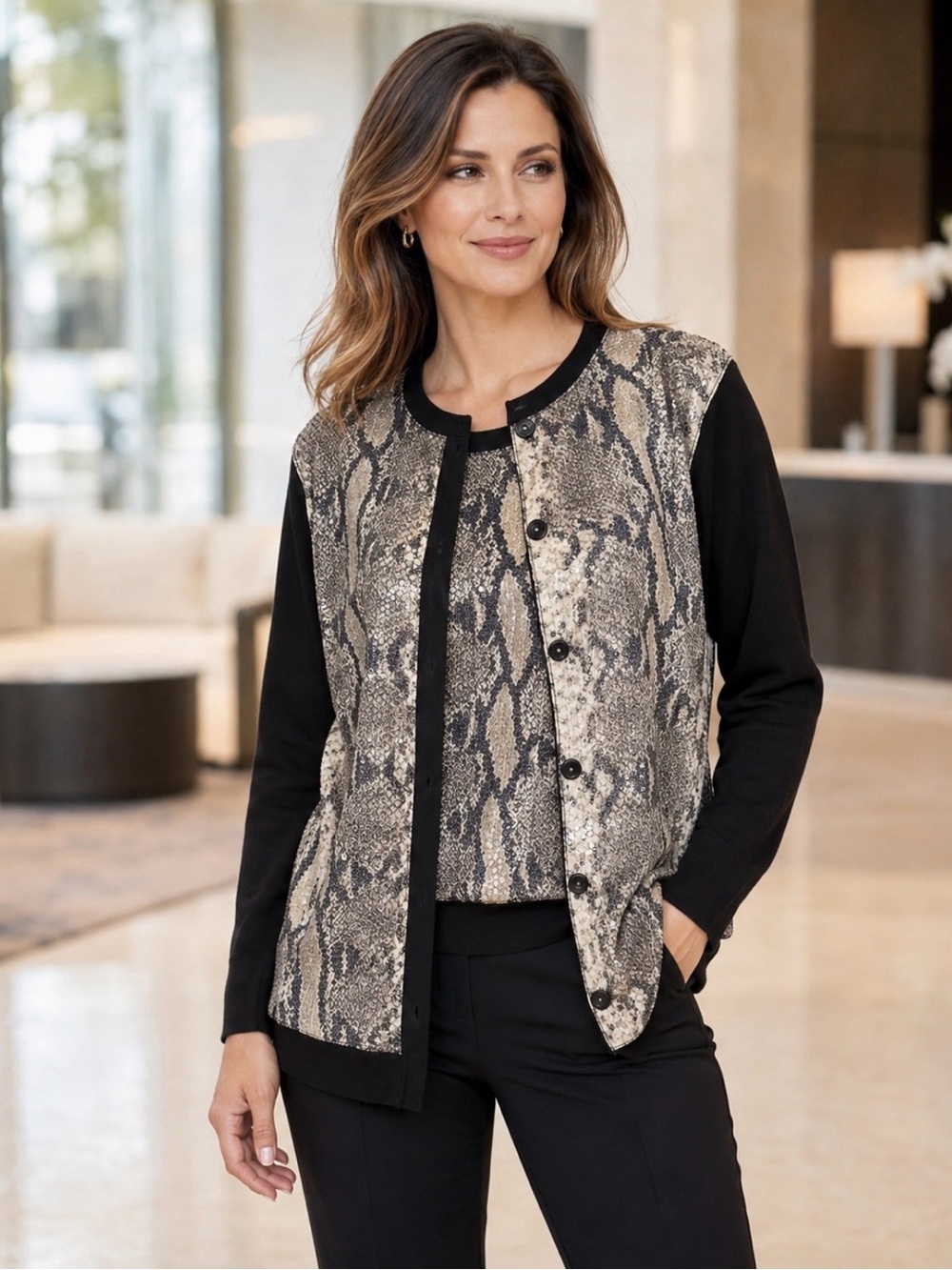 Jones New York NWT XL Sequin Snake Print Twin Set Cardigan & Shell
